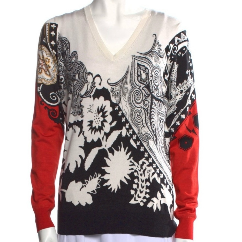 Etro Milano V-Neck Sweater Red, Black and cream Artistic Design. Size 42 - Picture 7 of 11